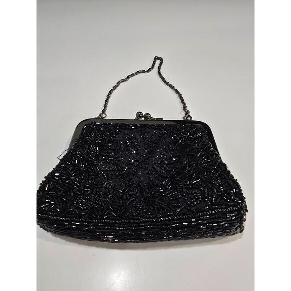 Carlo Fellini Black Beaded Evening Clutch/Handbag Purse w/Kiss Lock - Picture 1 of 4